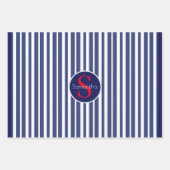 ネイビースタイリッシュブルーレッドストライプのイニシャルモノグラム ラッピングペーパーシート (正面3)