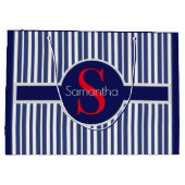 ネイビースタイリッシュブルーレッドストライプのイニシャルモノグラム ラージペーパーバッグ (裏面)