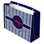 ネイビースタイリッシュブルーレッドストライプのイニシャルモノグラム ラージペーパーバッグ (裏面アングル)