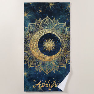 ネイビースタイリッシュブルー金ゴールドグリッターカスタムサンマンダラ ビーチタオル