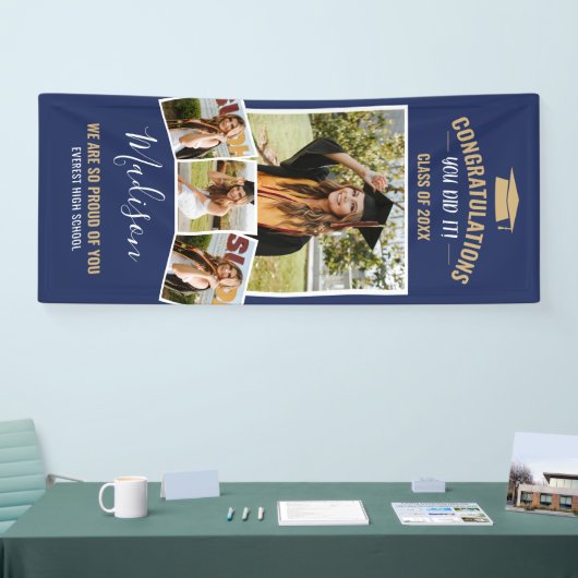 ネイビースタイリッシュブルー4フォトコラージュ卒業 横断幕 (トレードショー)