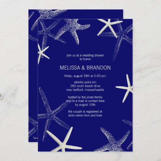 ネイビースターフィッシュデザイナーウェディングシャワー招待状 招待状 (正面/裏面)