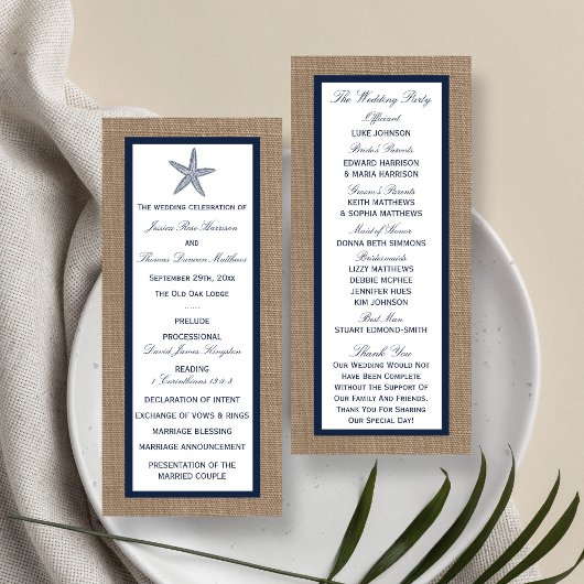 ネイビースターフィッシュバーラップビーチ結婚式プログラム ラックカード