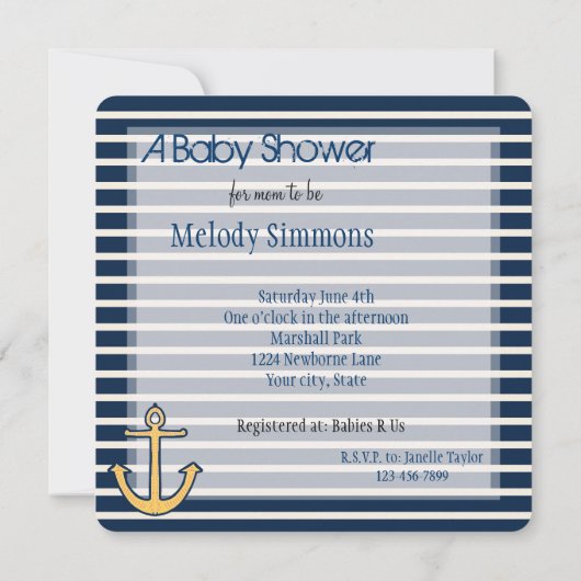 ネイビーストライプいかりベビーシャワー 招待状 (裏面)