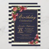 ネイビーストライプとゴールドのバースデーパーティー 招待状 (正面/裏面)