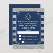 ネイビーストライプのグレイバー（ユダヤ教の）バル・ミツバーRSVPカード 招待状 (正面/裏面)