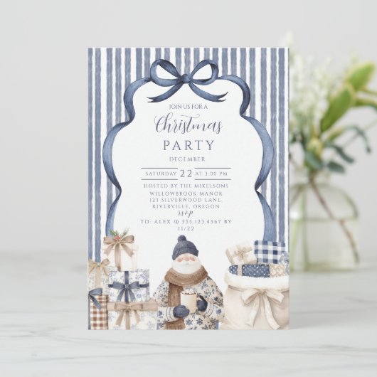 ネイビーストライプのサンタクリスマス 招待状 (スタンド正面)