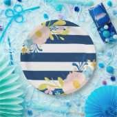 ネイビーストライプのフローラ紙プレート ペーパープレート (パーティー)