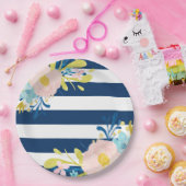 ネイビーストライプのフローラ紙プレート ペーパープレート (パーティー)