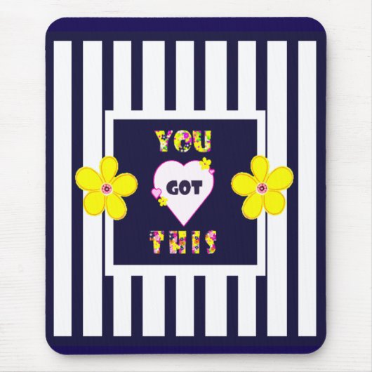 ネイビーストライプのブライトイエローアートフラワー マウスパッド (正面)