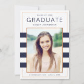 ネイビーストライプの写真を使った卒業発表 案内状 (正面)