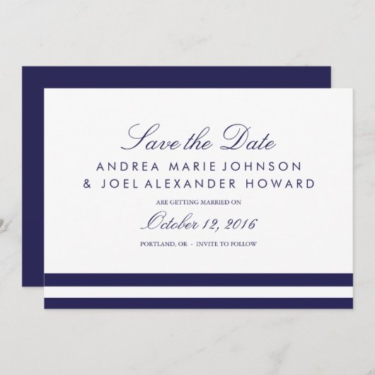 ネイビーストライプの結婚式用Save the Date セーブザデート (正面/裏面)
