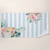 ネイビーストライプウォーターカラーフラワーミントネーム ビーチタオル (正面)