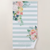 ネイビーストライプウォーターカラーフラワーミントネーム ビーチタオル (正面)