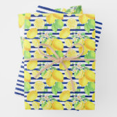 ネイビーストライプズ&ダマスクとイエローレモンのパターン ラッピングペーパーシート (インサイチュ)