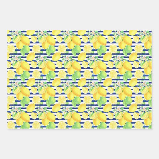 ネイビーストライプズ&ダマスクとイエローレモンのパターン ラッピングペーパーシート (正面)