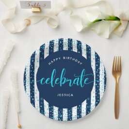 ネイビーストライプターコイズグリッタースクリプト誕生日 ペーパープレート