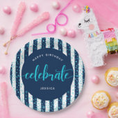 ネイビーストライプターコイズグリッタースクリプト誕生日 ペーパープレート (パーティー)