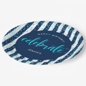 ネイビーストライプターコイズグリッタースクリプト誕生日 ペーパープレート (アングル)