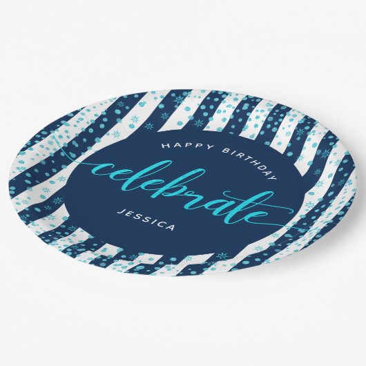 ネイビーストライプターコイズグリッタースクリプト誕生日 ペーパープレート (アングル)