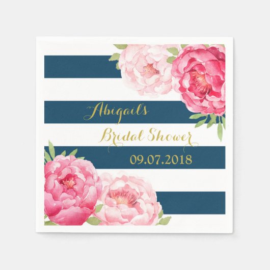 ネイビーストライプピンクウォーターカラーブライダルシャワーナプキンス スタンダードカクテルナプキン (正面)