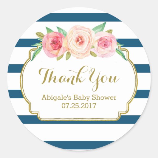 ネイビーストライプフローラピンク赤ちゃんシャワーメッセージカード ラウンドシール (正面)