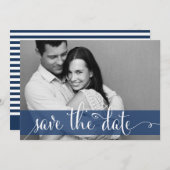 ネイビーストライプブルーの写真の発表日を保存 セーブザデート (正面/裏面)