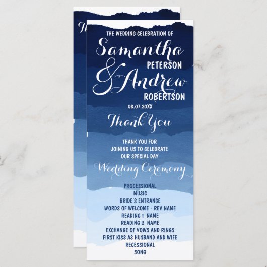 ネイビーストライプブルーの水の色のグラデーション結婚式 プログラム (正面/裏面)