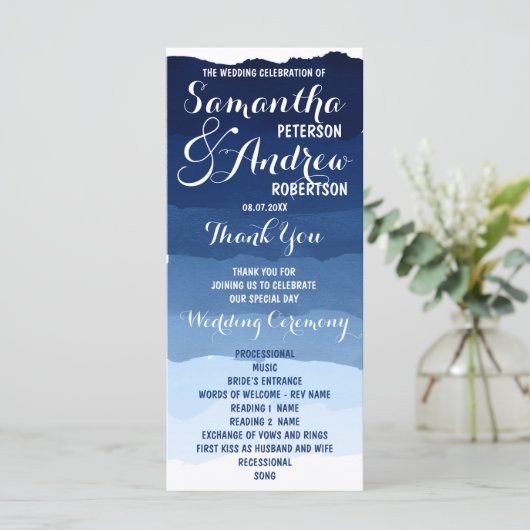 ネイビーストライプブルーの水の色のグラデーション結婚式 プログラム (スタンド正面)