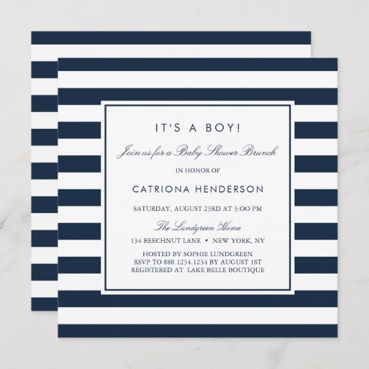 ネイビーストライプブルーの男の子の赤ちゃんシャワーブランチ 招待状 (正面/裏面)