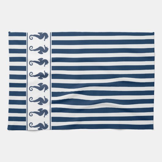 ネイビーストライプブルーの馬と海馬 キッチンタオル (横)