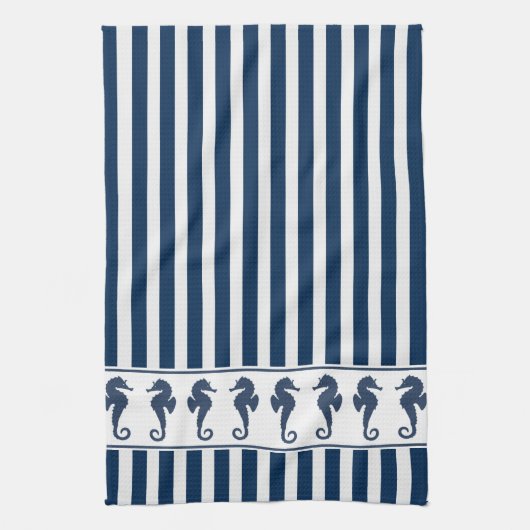 ネイビーストライプブルーの馬と海馬 キッチンタオル (縦)