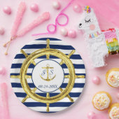 ネイビーストライプブルー結婚金ゴールド航海のズ ペーパープレート (パーティー)