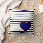 ネイビーストライプブルー赤いハート付き白 クッション (ブランケット)