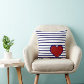 ネイビーストライプブルー赤いハート付き白 クッション (椅子)