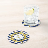 ネイビーストライプブルー金ゴールド航海のズ ラウンドペーパーコースター (インサイチュ)