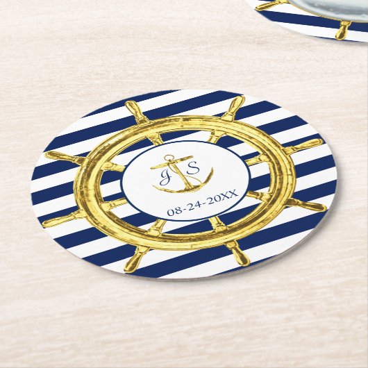 ネイビーストライプブルー金ゴールド航海のズ ラウンドペーパーコースター (アングル)