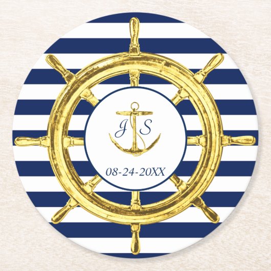 ネイビーストライプブルー金ゴールド航海のズ ラウンドペーパーコースター (正面)