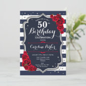 ネイビーストライプホワイト銀写真第50誕生日 招待状 (スタンド正面)