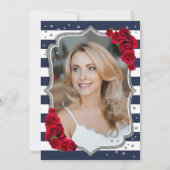 ネイビーストライプホワイト銀写真第50誕生日 招待状 (裏面)