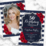 ネイビーストライプホワイト銀写真第50誕生日 招待状<br><div class="desc">エレガントフローラ50歳の誕生日の招待状とカードの後ろの写真。グラム海軍ホワイトレッドデザインとフェイクグリッター銀。ネイビーブルーと白ストライプのフォント、赤のバラ、スクリプト紙吹雪。大人スタイリッシュのお祝いパーティーに最適。独自の詳細でパーソナライズどんなカスタマイズ年でもいい！印刷されたZazzle招待状または即時ダウンロードのデジタル印刷可能なテンプレート。</div>