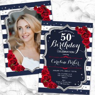 ネイビーストライプホワイト銀写真第50誕生日 招待状