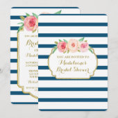 ネイビーストライプ金ゴールドピンクフローラブライダルシャワー 招待状 (正面/裏面)