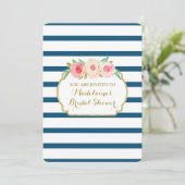 ネイビーストライプ金ゴールドピンクフローラブライダルシャワー 招待状 (スタンド正面)