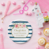 ネイビーストライプ金ゴールドピンクフローラベビーシャワープレート ペーパープレート (パーティー)