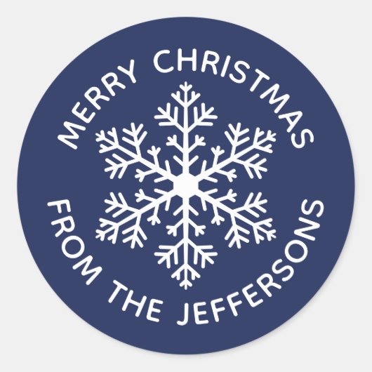 ネイビースノーフレーククリスマスステッカー ラウンドシール (正面)