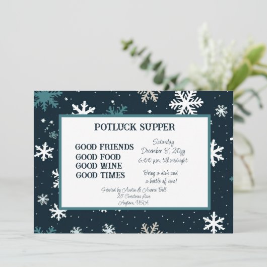 ネイビースノーフレーククリスマスポット幸運の夕食会 招待状 (スタンド正面)