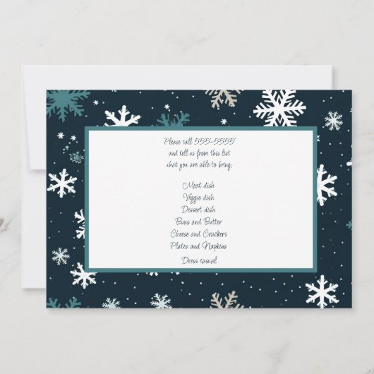 ネイビースノーフレーククリスマスポット幸運の夕食会 招待状 (裏面)