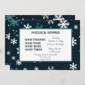 ネイビースノーフレーククリスマスポット幸運の夕食会 招待状 (正面/裏面)