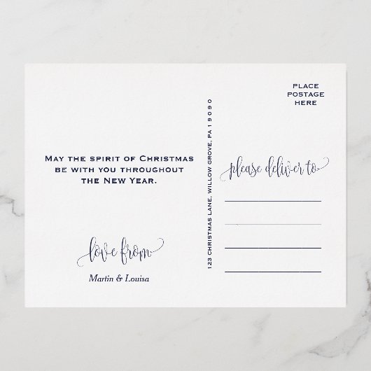 ネイビースノーフレークフォイル3フォト婚約クリスマス 箔シーズンポストカード (裏面)